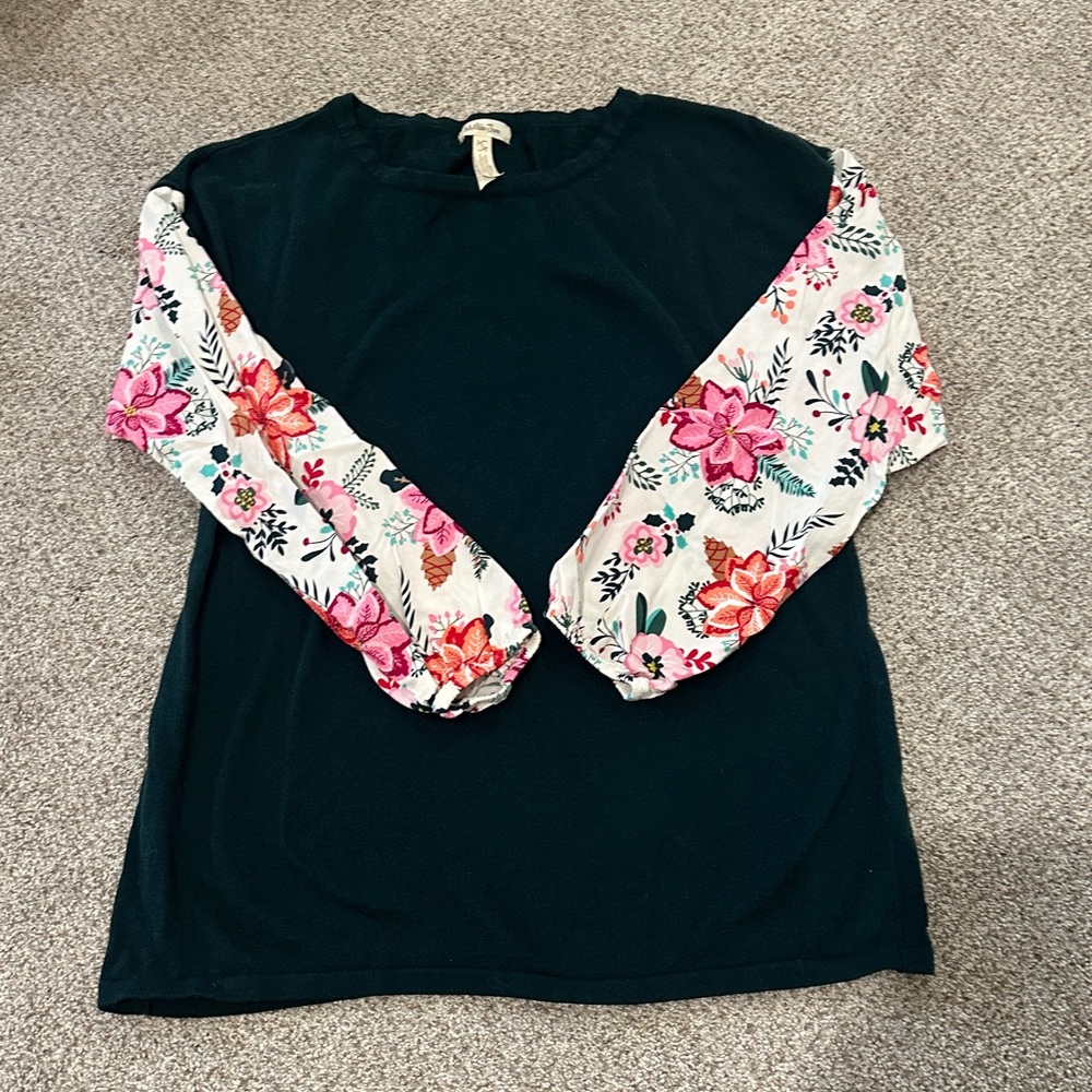 Matilda Jane Dark Green Top with Floral Sleeves